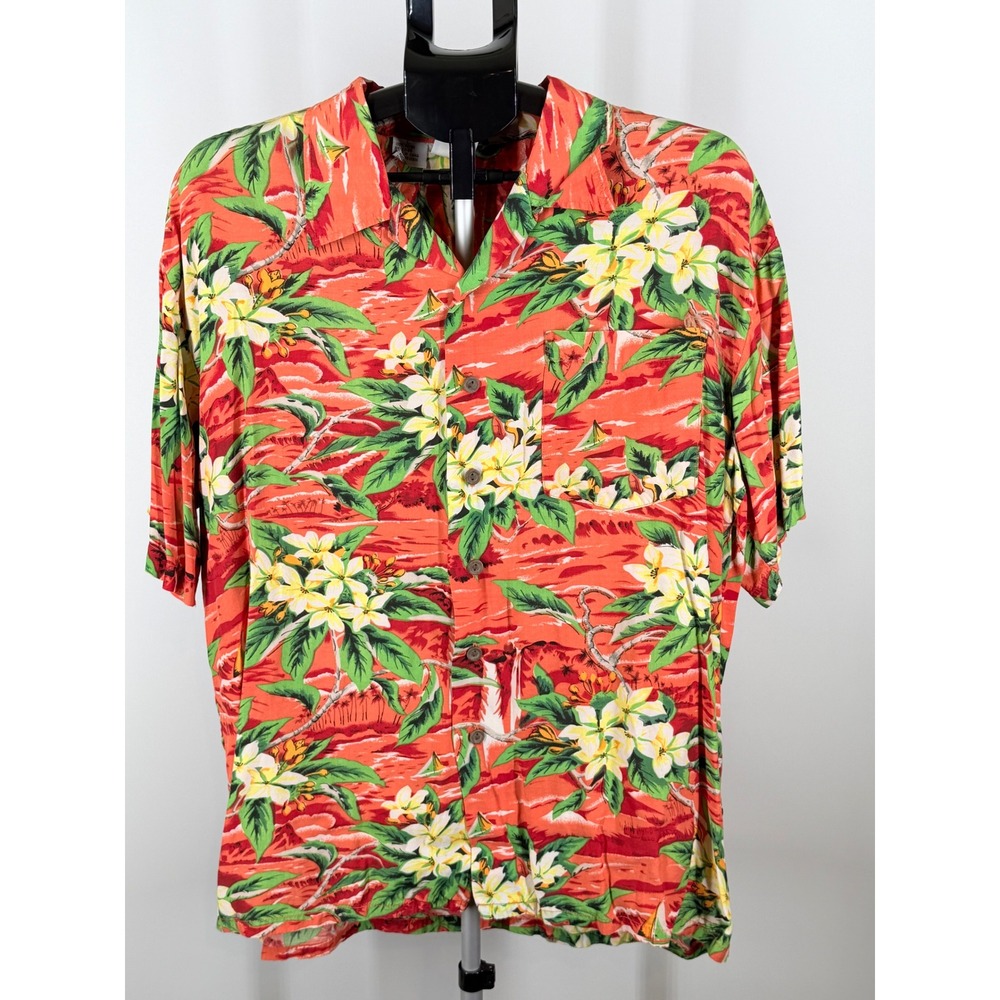 Kennington Ltd Classics‎ Mens Hawaiian Shirt Rayon Tropical Plumeria Orange L